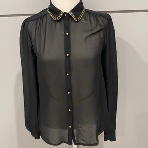 Sheer Gold Collar Black Button Up Blouse Small